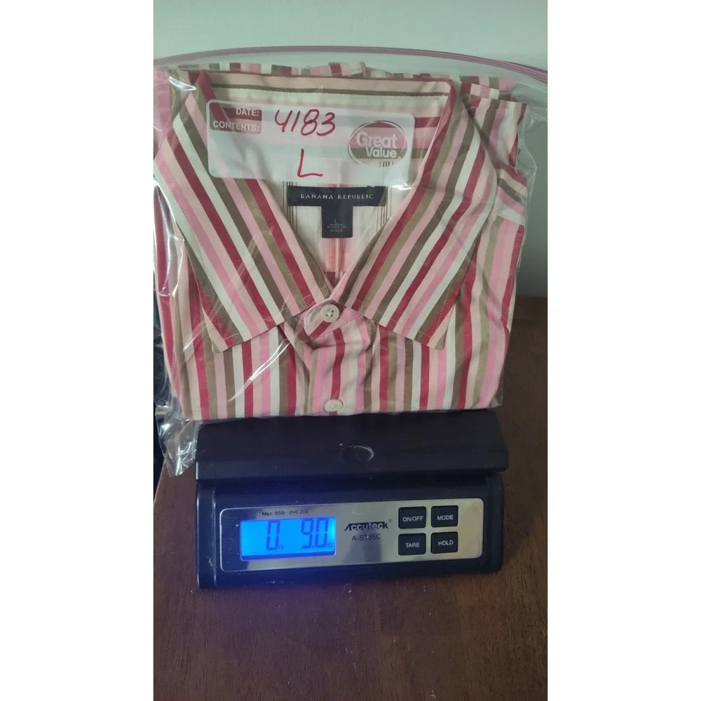 VTG Banana Republic Men Large Pink Striped Flip Cuff Cotton Button‎ Shirt